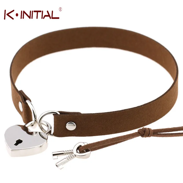 Kinitial Готический Панк Ожерелье Стиль Многоцветный Сердце с Замком Кулон PU Leather Choker Воротник Chocker Ожерелье для Женщин Подарок - Окраска металла: Платиновое покрытие
