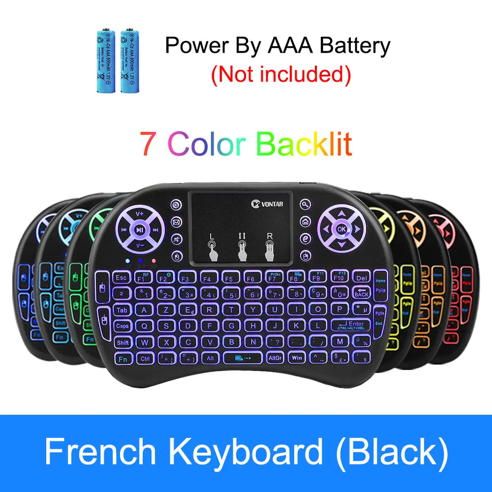 French Bcaklit AAA VONTAR i8, клавиатура с подсветкой, английская, русская, испанская, Воздушная мышь, 2,4 ГГц, беспроводная клавиатура, тачпад, ручной для ТВ-бокса H96 max PC - Цвет: French Bcaklit AAA