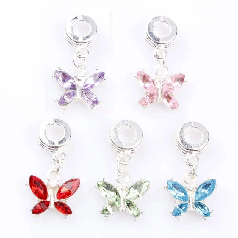 30 шт./лот Серебряный Цвет Бабочка с горным хрусталем Шарм для браслета ожерелье