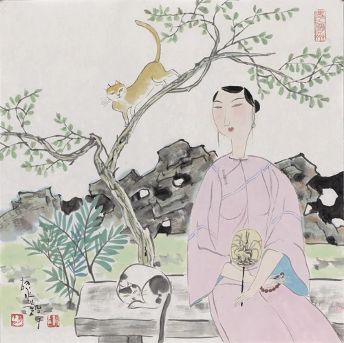 Бесплатная доставка Классическая китайская девушка камень кошка пейзаж