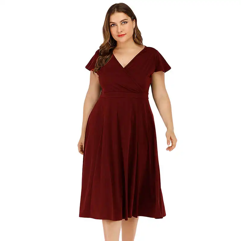 Сексуальное платье с v образным вырезом плюс размер облегающее Бордовое рюшами и