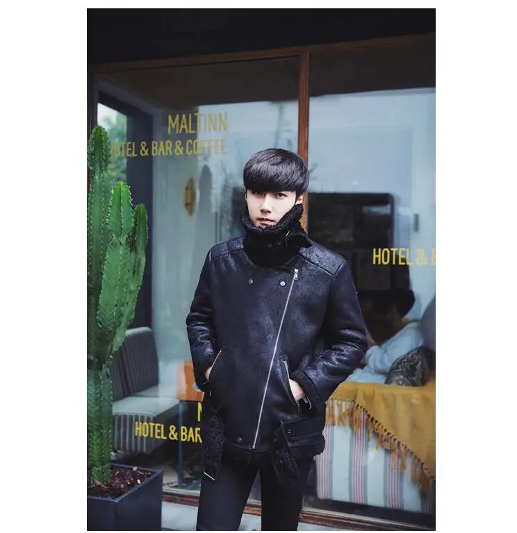 Harajuku толстые теплые косая молния уникальный дизайн мужские замшевые пиджаки пальто с меховой подкладкой зимняя кожаная куртка для мужчин плюс бархат