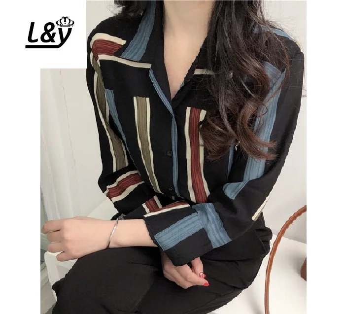 L &amp Y Асимметричные Полосатые блузки-рубашки женские модные однобортные блузки с
