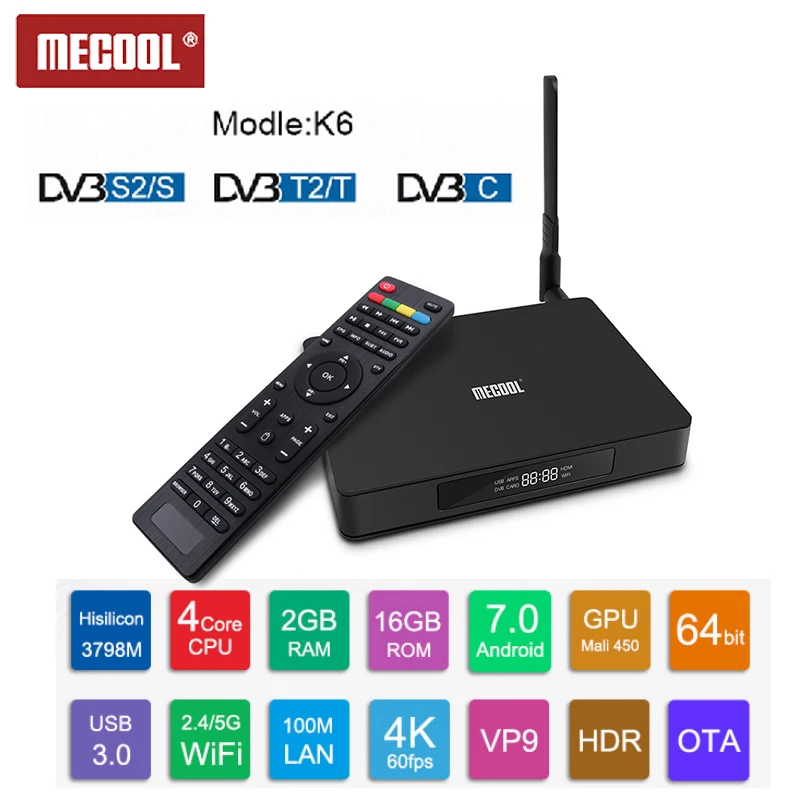 Оригинальный MECOOL K6 DVB S2 T2 C Smart tv Box HiSilicon HI3798M 2 Гб ram 16 rom Android 7 0 телеприставка