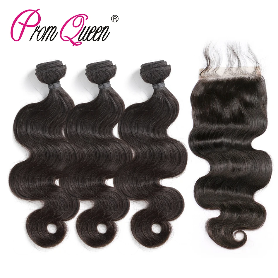 Promqueen бразильский Волосы Remy человеческие волосы пряди с закрытием объемная волна