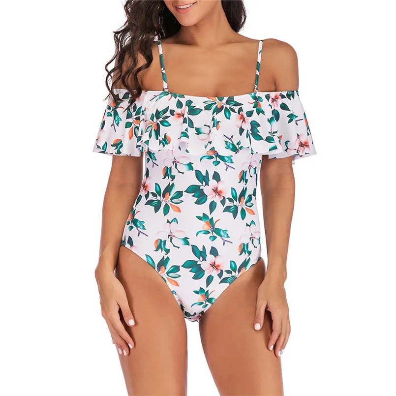 Цельный с большим воланом печатные ремни открытыми плечами открытая спина