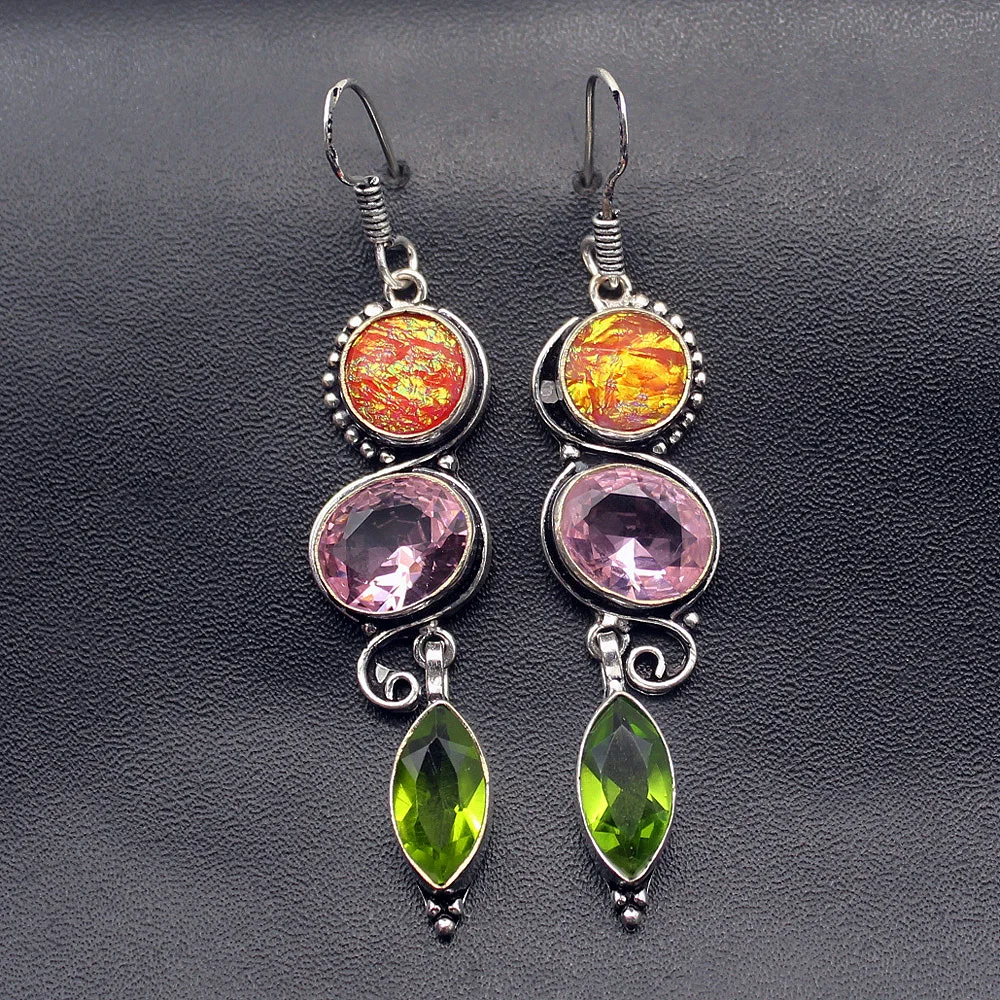 925 Sterling Silver Multi Gems Dichroic Glass Peridot Fashion Jewelry Dangle Women Earrings AK46 | Украшения и аксессуары