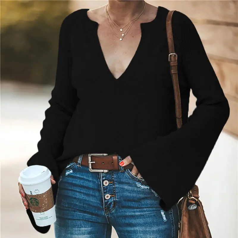 Женский вязаный свитер с v образным вырезом Однотонный длинными расклешенными