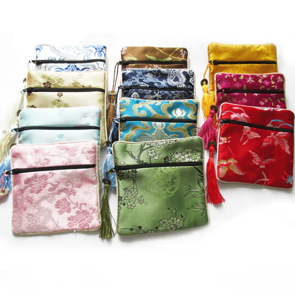 

10 PCS/LOT New Mix Colors Small Flower Tassel Silk Square Coin Bags Chinese Zipper Coin Purse Jewelry Pouches Wholesale