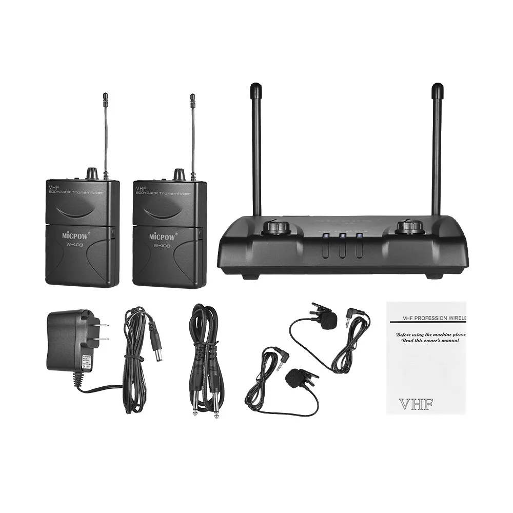 MICPOW W-10 беспроводной микрофон VHF двухканальный 2 лацкана петличный + передатчика 1