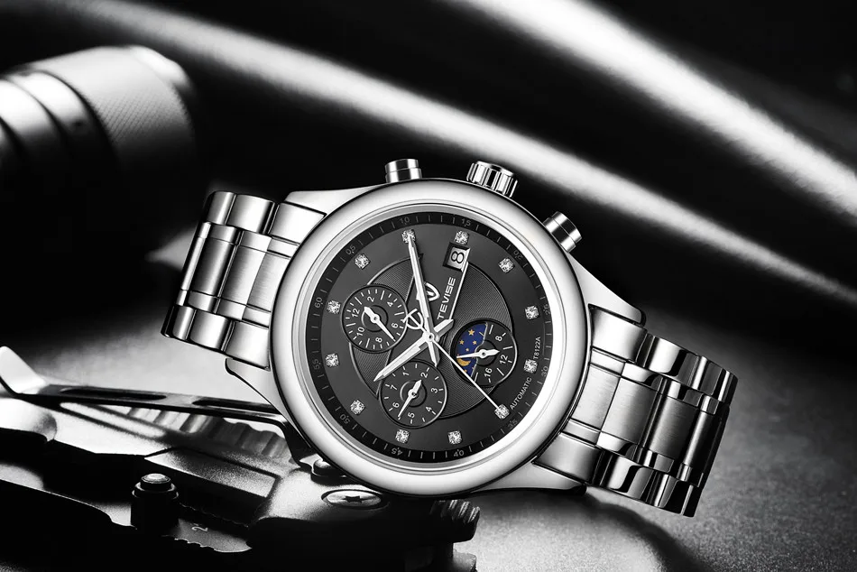 Марка TEVISE Для мужчин часы Moon Phase автоматические часы механические часы Для мужчин модные Повседневное Нержавеющая сталь наручные часы relogio