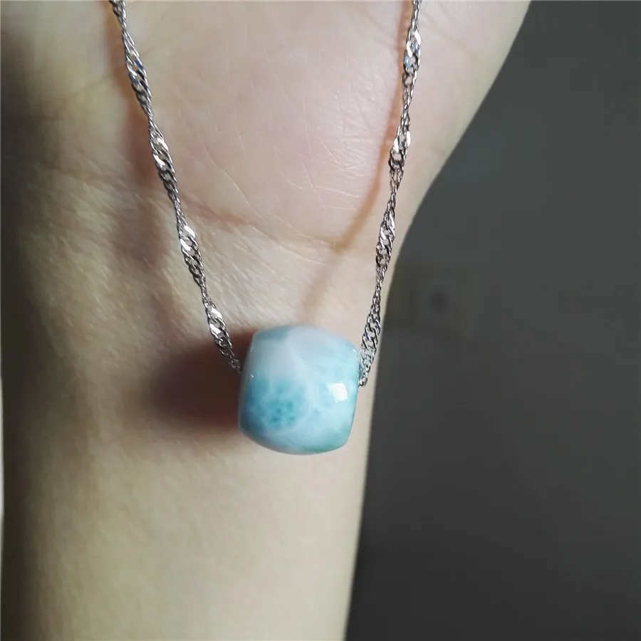 High Quality 100% Genuine Natural Blue Larimar GemsStone Blue White Round Bead Fashion Charm Necklace Pendant