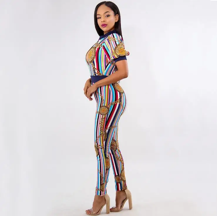 Autumn rompers womens jumpsuit Elegant One Piece Sexy golden chain print color striped Short-sleeved threshold zipper | Женская одежда