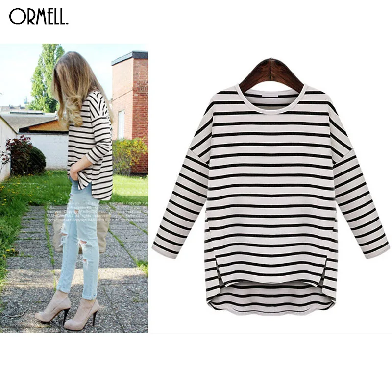 ORMELL Women Loose Side Split Long T Shirt O-Neck Sleeve Shirts Bacis Brief Stripped Femininas European Casual Tops | Женская одежда