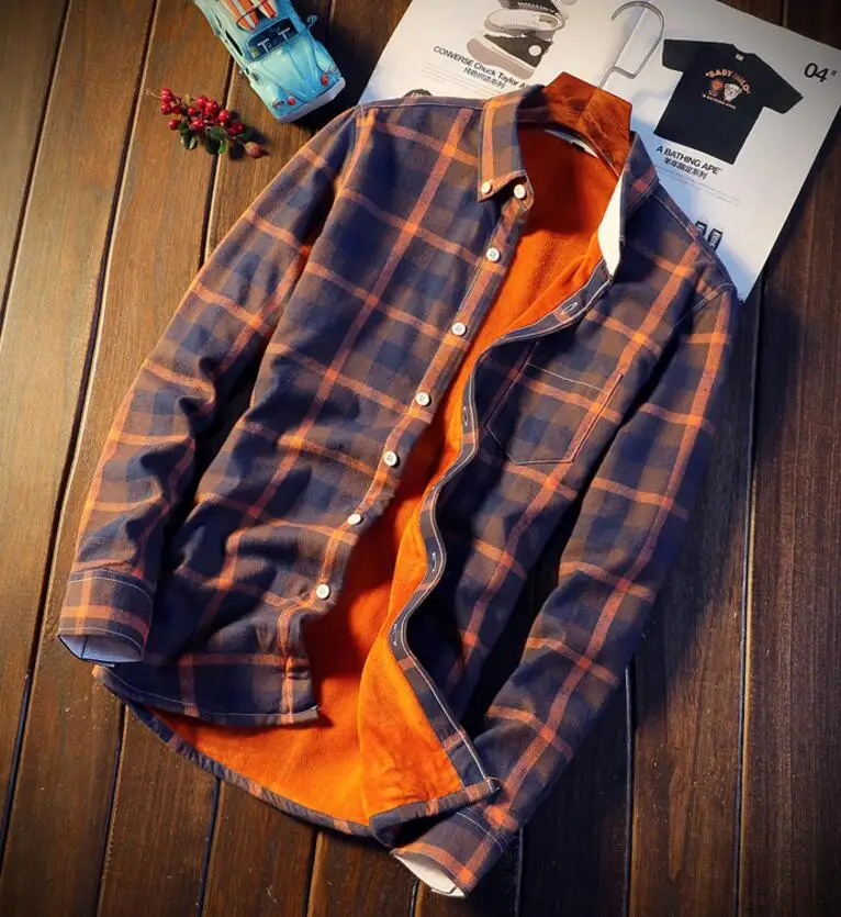 Plaid Shirt Thick Warm Fleece Autumn Winter Flannel Red Checkered Shirt Men Shirts Long Sleeve Chemise Homme Cotton Male 5xl 4xl - Цвет: Оранжевый