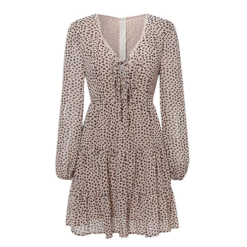 Летнее шифоновое платье с v образным вырезом и длинным рукавом короткое на