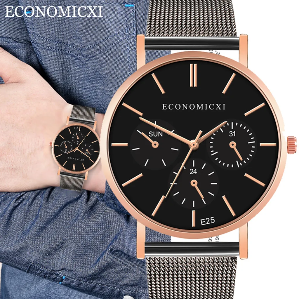 Мужские модные часы reloj hombre, простые часы из нержавеющей стали с тремя глазами, маленький циферблат, мужские кварцевые часы