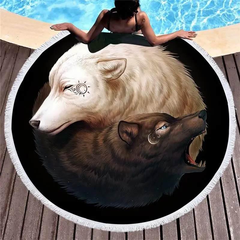 Новое пляжное полотенце Yin and Yang Wolves от JoJoesArt круглое для взрослых микрофибра с