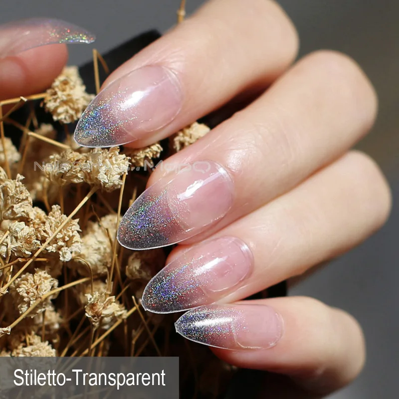 Stiletto-Transparent Розовый голографический градиентный поддельный гвоздь на шпильках черные средние накладные ногти с точечным кончиком 24 шт прозрачная Голография - Цвет: Stiletto-Transparent