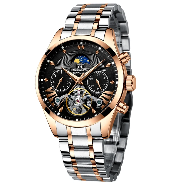 MEGALITH Мужские автоматические механические наручные часы tourbillon кожаные водонепроницаемые бизнес часы мужские спортивные наручные часы Relojes Hombre - Цвет: steel rosegold black