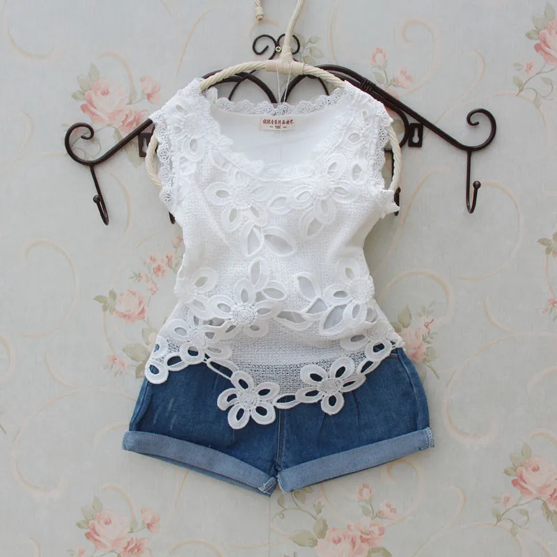 2016 летние комплекты одежды для девочек детская одежда кружевной хлопковый жилет