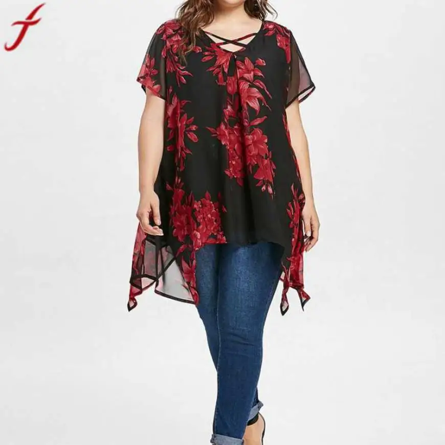 Женские топы 5xl 2019 летняя двойная шифоновая блузка с перекрещивающимися спереди