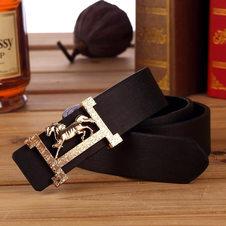 Mens Gold Horse Belt Buckle Genuine Leather Wristband Man men's casual leather belt male All-match ladies fashion belts latest |