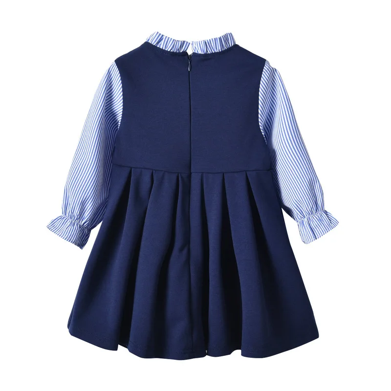 Girls Pleated Dresses Navy Striped Patchwork School Wear Ruffle Bowknot Princess Puff Sleeve For | Детская одежда и обувь