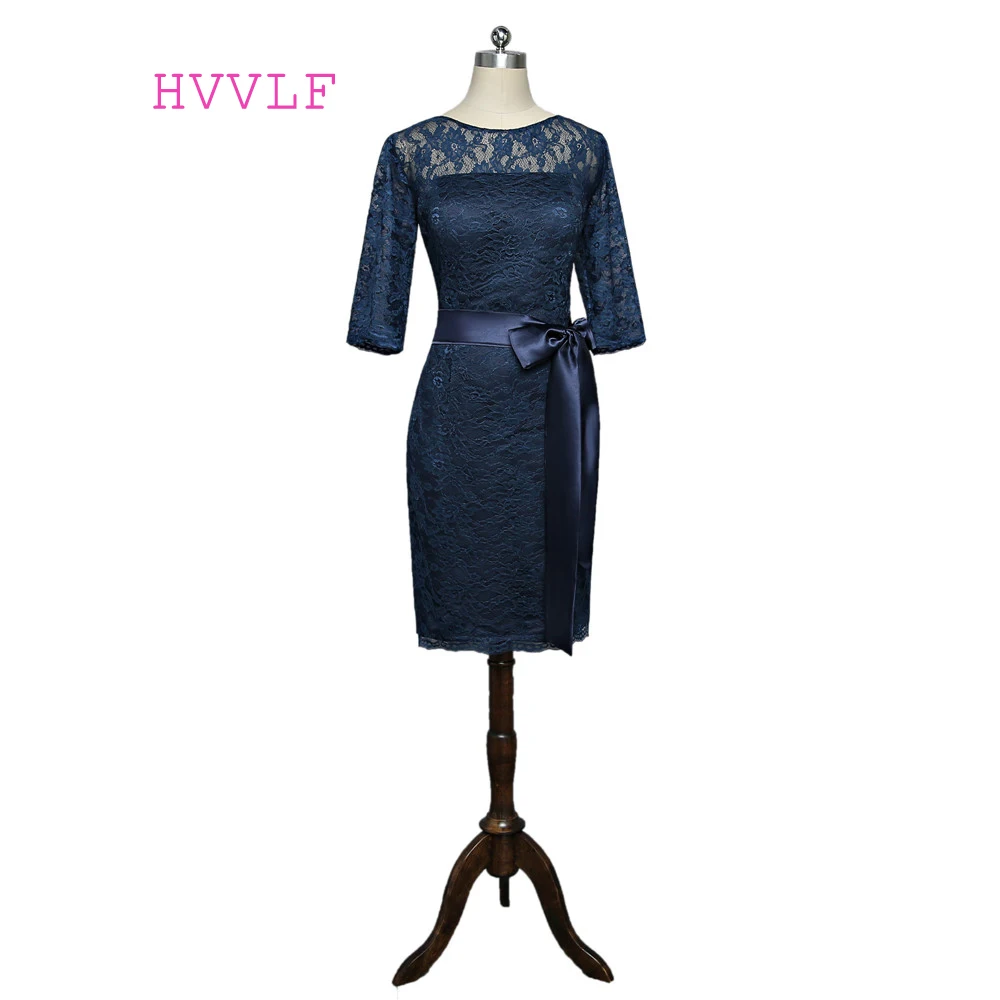 Navy Blue Mother Of The Bride Dresses Sheath 3/4 Sleeves Lace Bow Plus Size Short Formal Groom Dress For Wedding | Свадьбы и