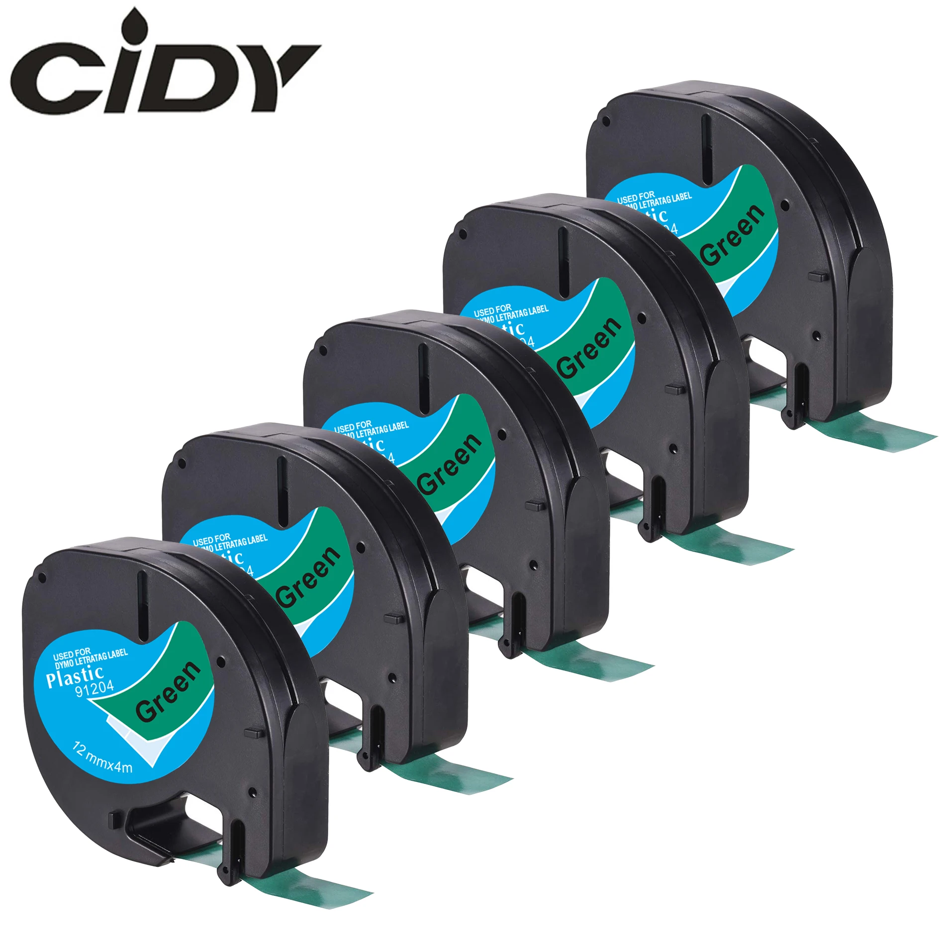 

Cidy 5pcs compatible Black on Green LT 91204 91224 LT91204 91334 59425 12mm*4m plastic label tapes for LT-100H