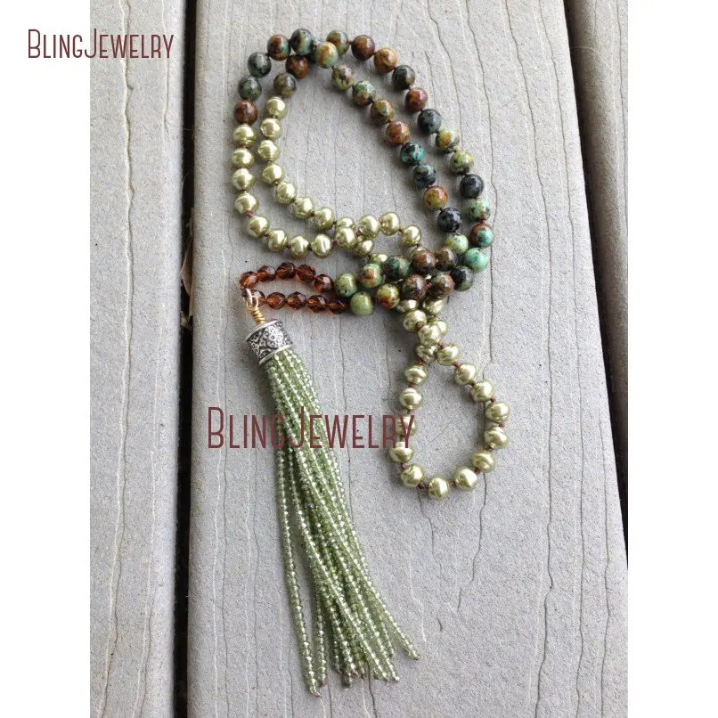 

Boho Knot Pearl African Turquoise Natural Stone Bead Long Layer Necklace Aesthetic Green Crystal Tassel Fringe Bohemian Jewelry