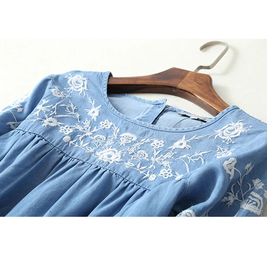 Женское джинсовое платье с вышивкой этническое Повседневное рубашка круглым