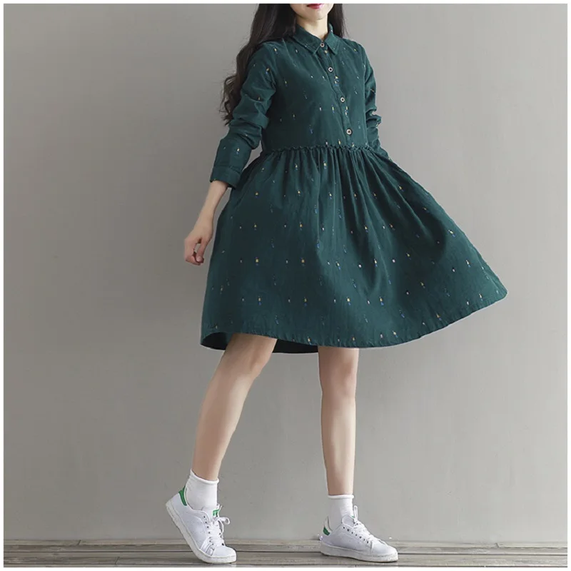 2017 винтажное женское Свободное платье с отложным воротником длинным рукавом