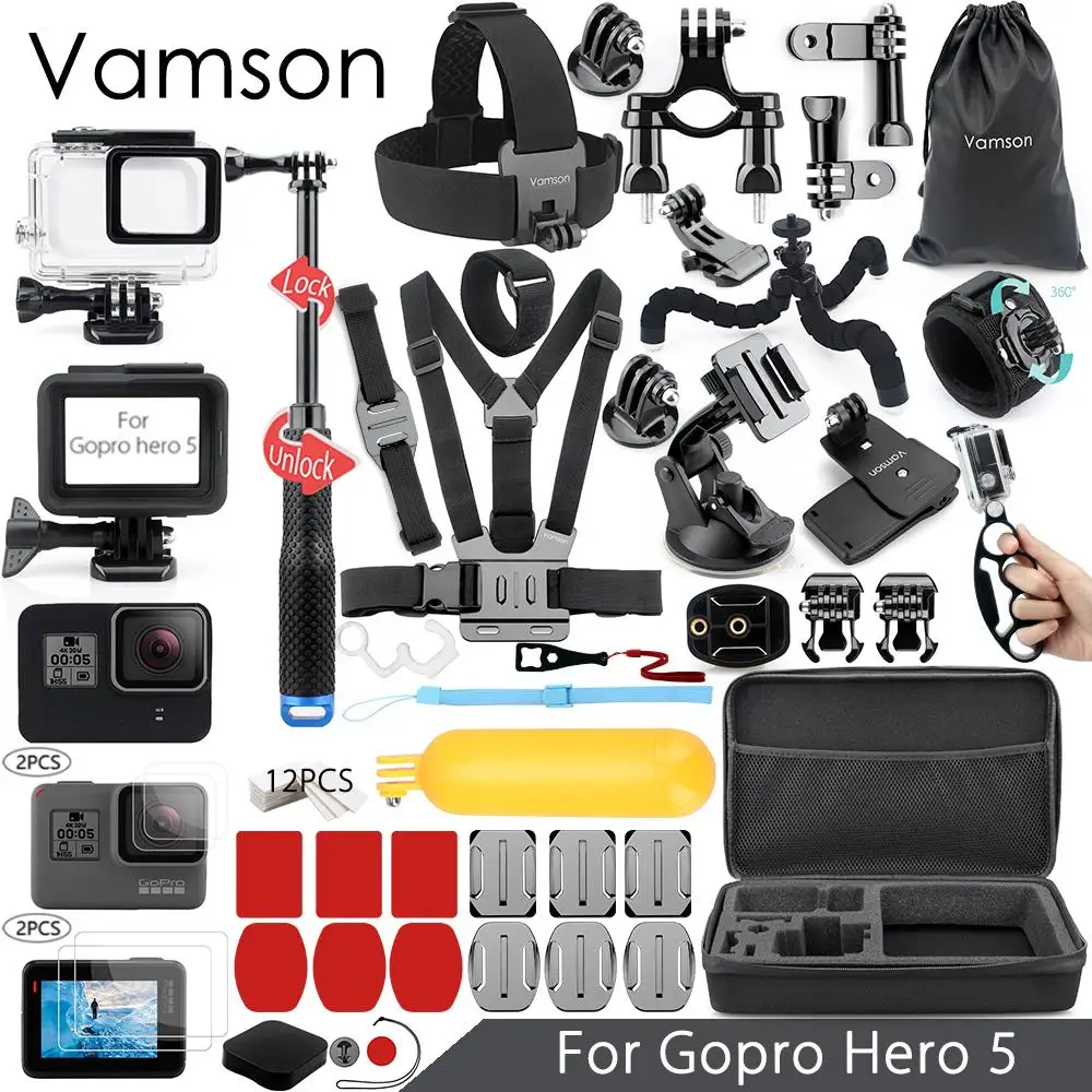 VS10 Vamson для Gopro hero 7 6 5 аксессуары комплект супер Декодер каналов кабельного телевидения Водонепроницаемый Корпус чехол 3 way монопод для спортивной экшн-камеры Go pro hero 6 5 Vamson VS09 - Цвет: VS10