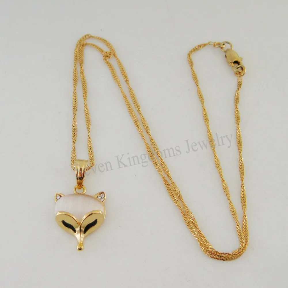 Min Order 10$ Can mix design/- YELLOW GOLD GP 18.5&quot NECKLACE &amp FOX FACE PINK/WHITE CAT EYE CZ STONE PENDANT | Украшения и