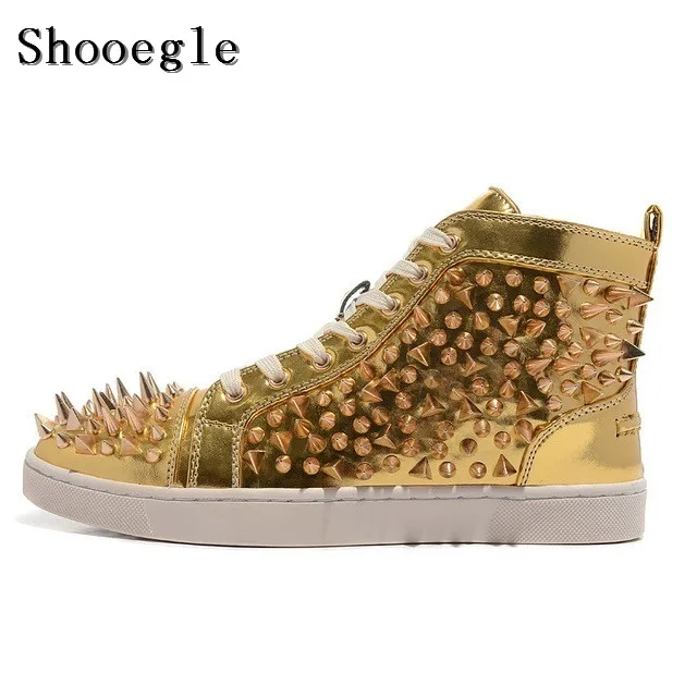 SHOOEGLE/черные/белые кожаные мужские туфли с заклепками Высокие модные кроссовки на