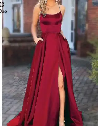 wine red Бирюзовое бордовое вечернее платье на бретельках, длинное атласное вечернее платье с карманами спереди, вечернее платье для женщин - Цвет: wine red
