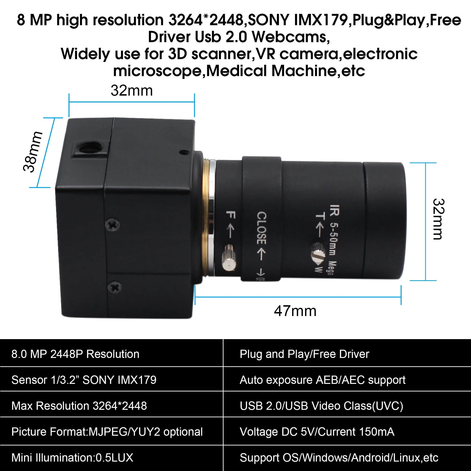 HD 8MP usb видео веб камера CMOS IMX179 сенсор 38*38*32 мм мини бокс 5 50 ручной варифокальный