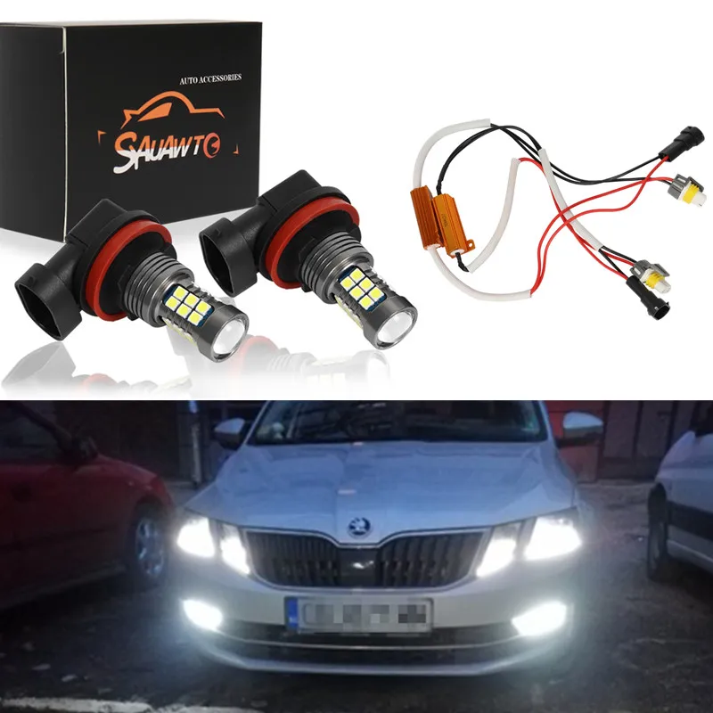 2X H8 LED Fog Light Bulb Auto Car Driving Drl Lamp Bulbs No Error Canbus Decoders For Skoda Fabia Superb Yeti Octavia 2015 | Автомобили и