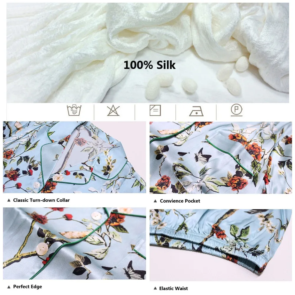 CAVME Silk Pajama Sets for Women 2 Pieces Pure Silk Sleepwear Pyama Set Short Sleeve Full Pants Plus Size Printed Home Clothes