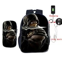 2 pcsset usb charge school bag scorpion in mortal kombat x mask backpackfor teenagers students book bag daily laptop backpack