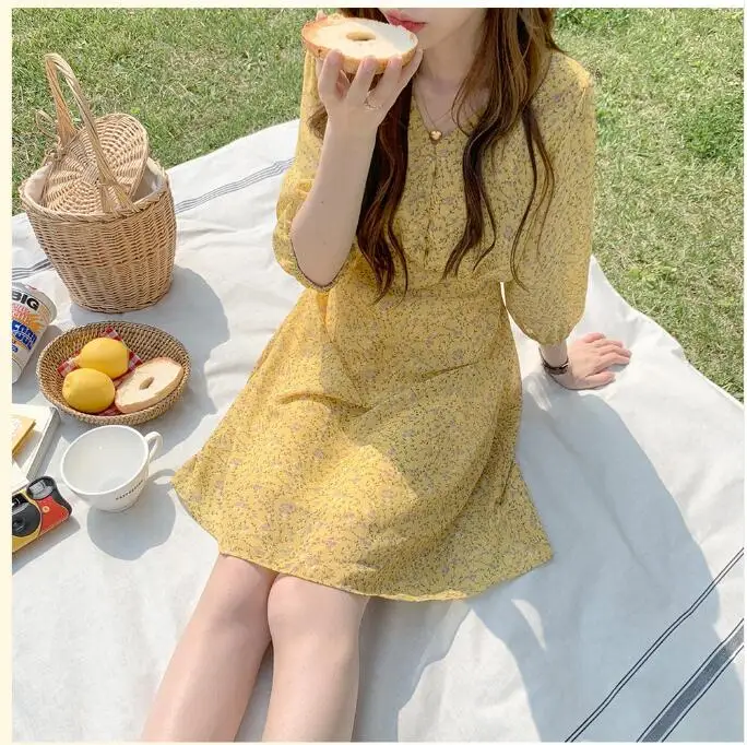 Yellow Шифоновые летние мини-платья для женщин в корейском японском стиле, дизайнерская желтая Цветочная винтажная Рубашка-Платье на пуговицах 4287 - Цвет: Yellow