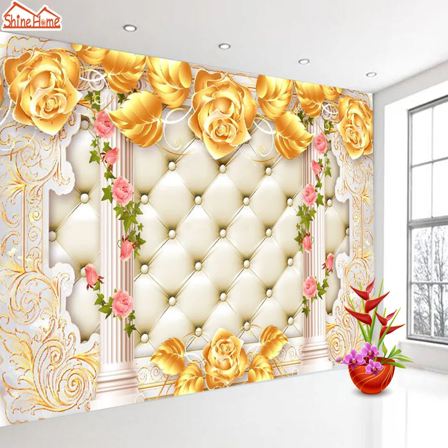 

ShineHome-Large Gold Rose Soft Roll Pillar 3D Wall Paper 3 d Modern Living Room Floral Wall Murals Wahable Wallpaper Desktop