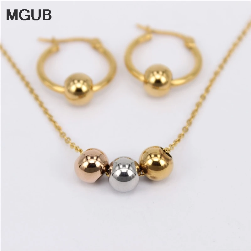 

MGUB Earring size choice 10mm-70mm Activity 3 Colored Metal beads Jewelry Stainless Steel Jewelry Set (Earrings Necklace)gift