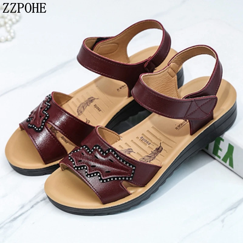 

ZZPOHE 2019 Летние кожаные женские сандалии с мягкой подошвой, сандалии для мам, женские модные повседневные Босоножки с открытым носком