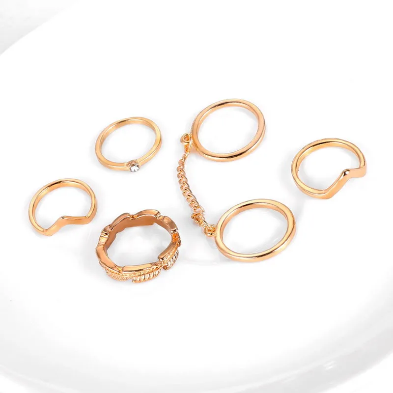 6pcs/set Punk Style Rings Gold Color Shiny Midi Finger Knuckle Charm Leaf Ring Set For Women Fashion Trendy Jewelry | Украшения и