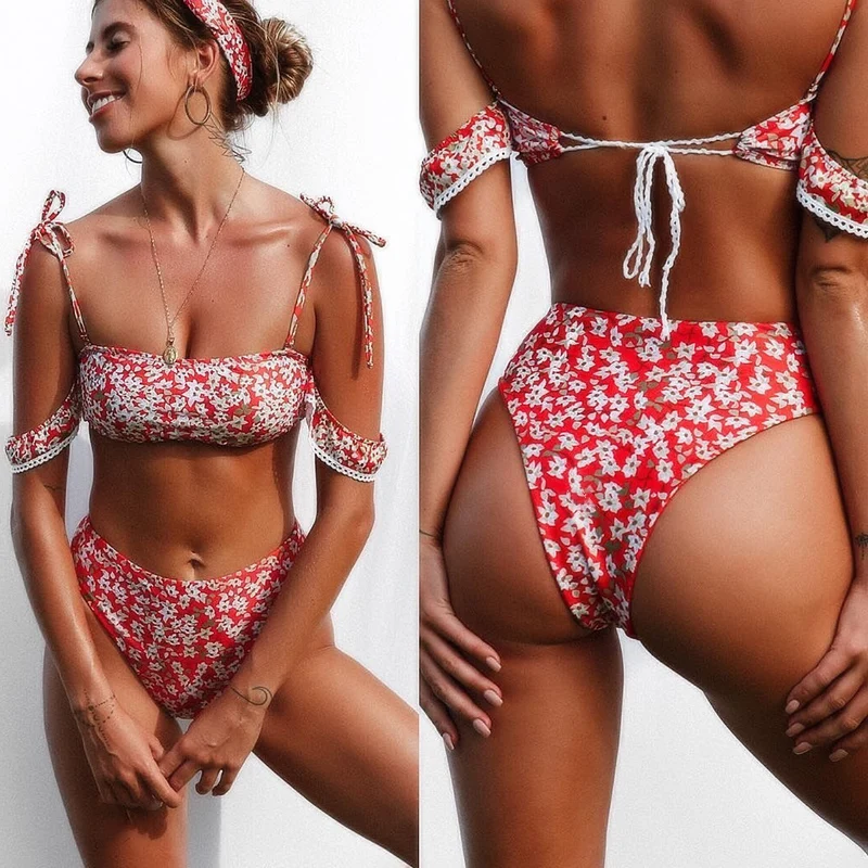 2019 High Waist Bikini Set Floral Sleeve Bikinis Bandeau Brazilian Biquini Swimwear Women Printed Swimsuit Push up Bathing Suits |