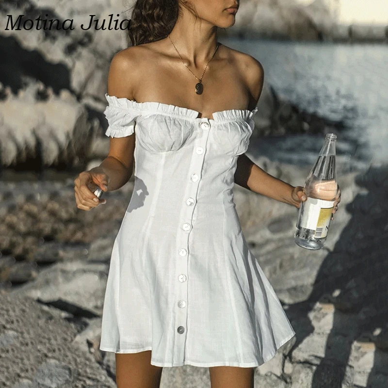 Motina Julia 2019 летнее платье в горошек с открытыми плечами женское на пуговицах