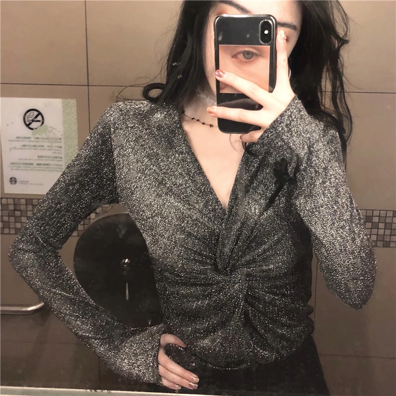 Женская винтажная блузка с глубоким V образным вырезом и рукавом летучая