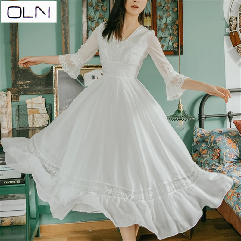 Платье Vestidos корейское летнее Новое поступление кружевное шифоновое Ретро